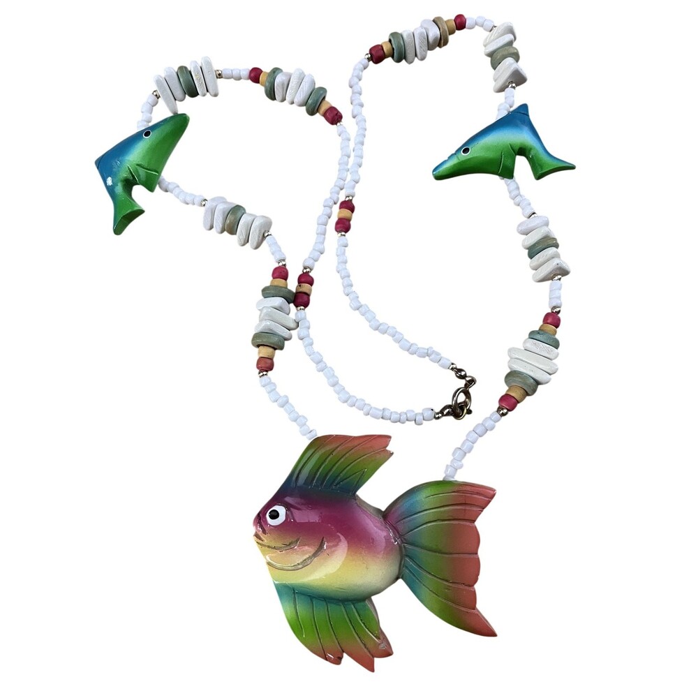 Vintage Rainbow Fish Wood Beaded Tropical Statement Necklace